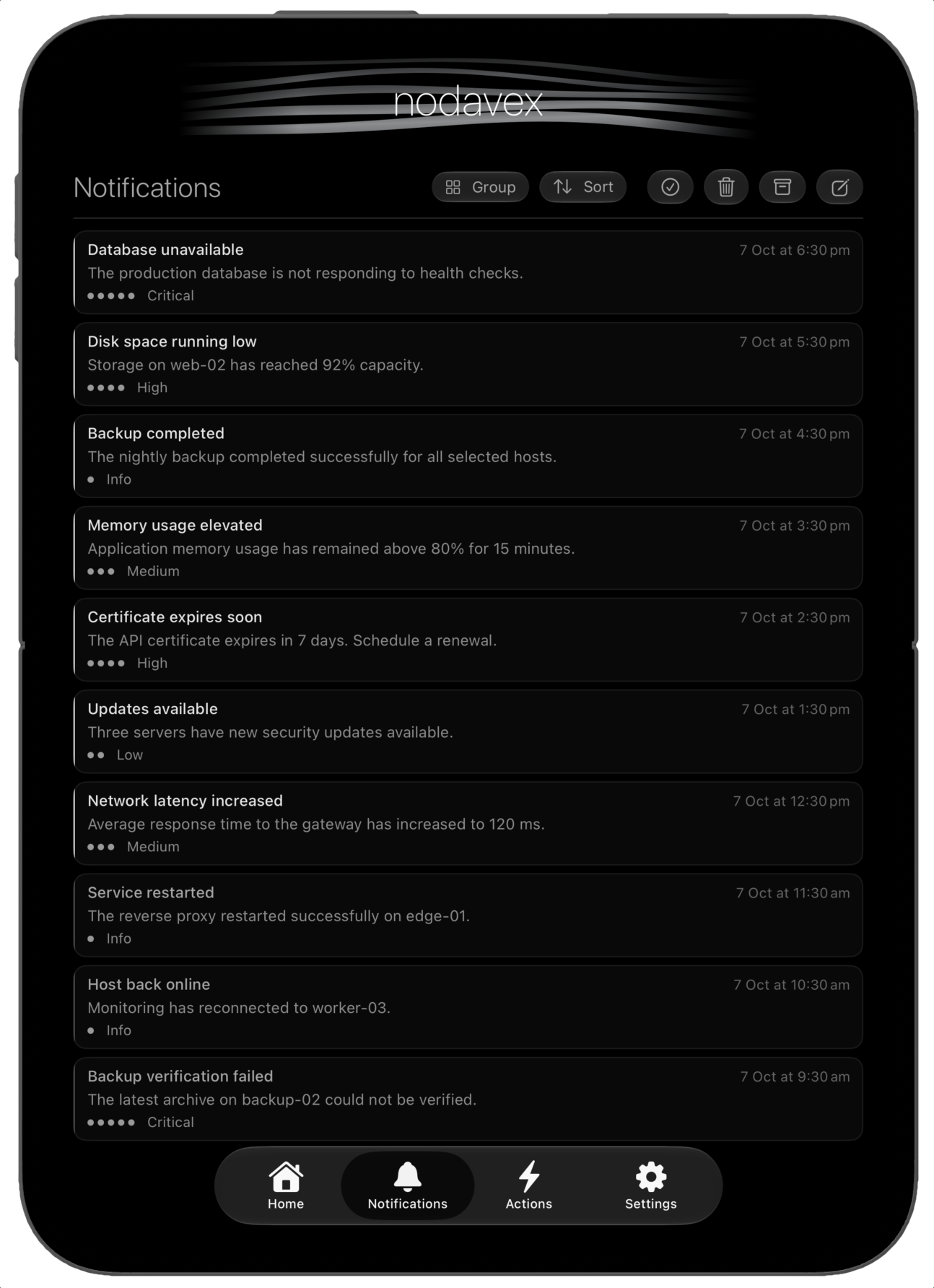 nodavex notifications listing server events with severity levels, timestamps, grouping and sorting controls